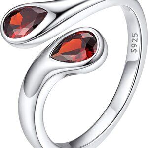 Silver Birthstone Ring for Women, Dainty Sterling Silver Teardrop Ring Open Adju
